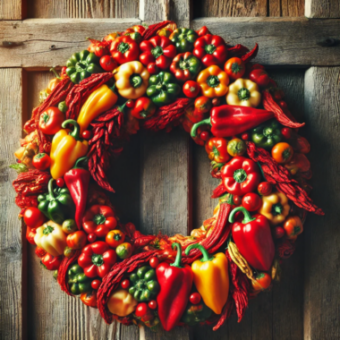 A colorful wreath made of dried red, orange, and yellow peppers hangs on a rustic wooden door, adding charm and warmth.