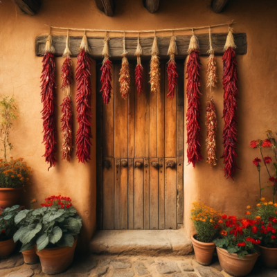 Peppers in Folklore: Strings of dried chili peppers used in rituals and myths across cultures. Here: A traditional Latin American door adorned with peppers.