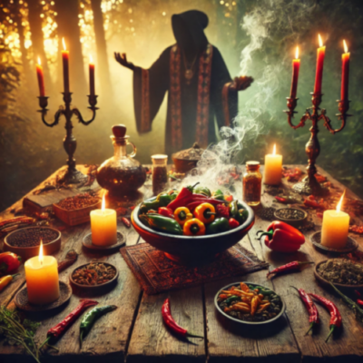 A ceremonial ritual setup with peppers, candles, and rising smoke, creating a magical atmosphere in a forest setting.