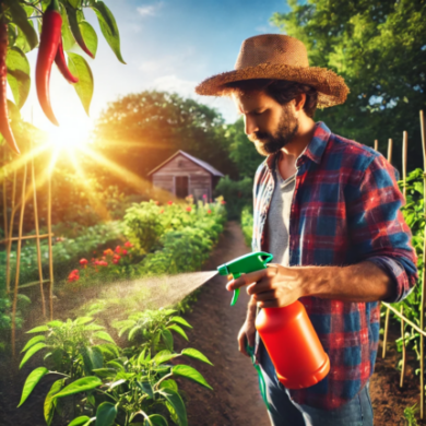 Gardener using a natural pest spray made from chili peppers, showcasing creative uses for peppers beyond cooking, including eco-friendly gardening solutions.