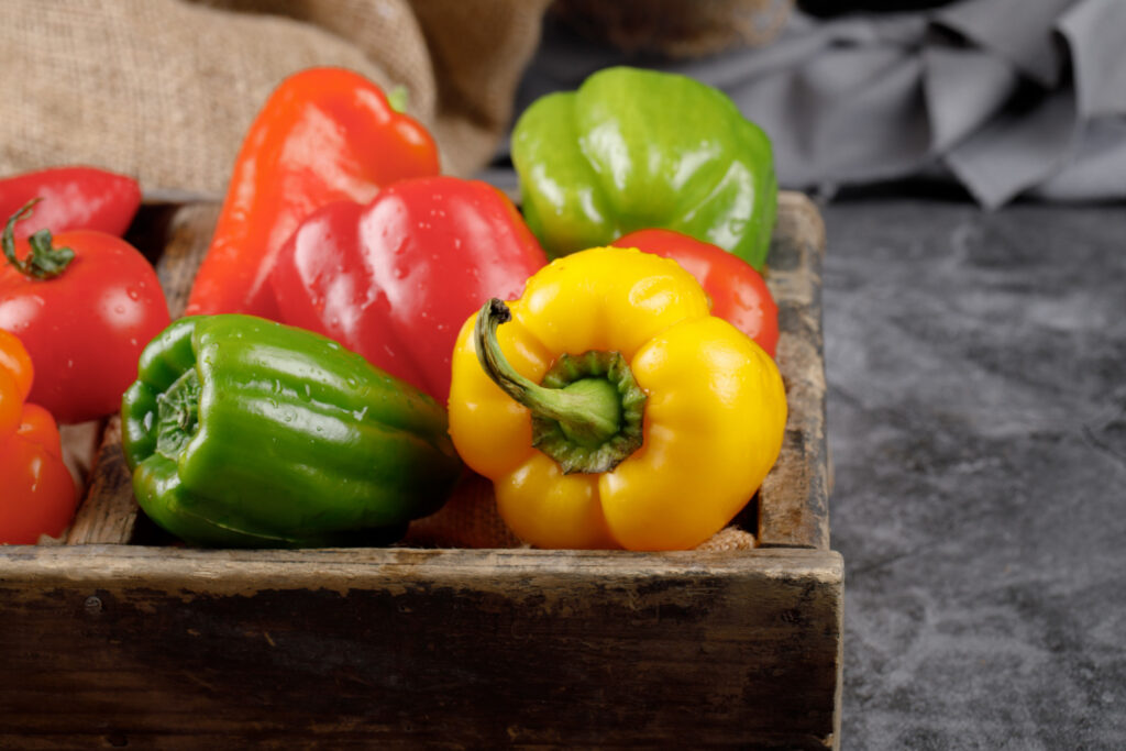 green, yellow and red bell peppers