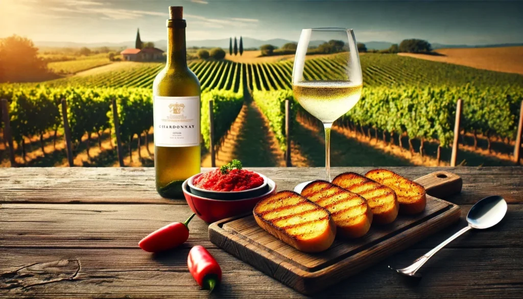 Peppers- red -  pesto a bottle-of- chardonnay-wine- some- bread -in -a-rustic-wooden-table- in-the- foreground. A-serene-vineyard-landscape-in-the-background-with-rows-of-lush-grapevines-under-a-clear-blue-sky.