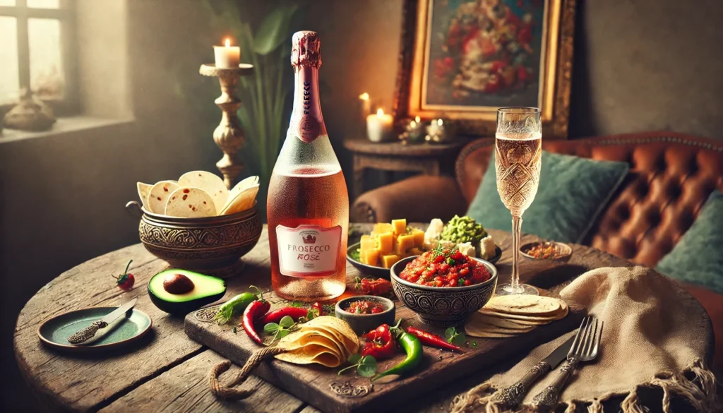 epper- red- spicy-pesto- and-a-chilled-bottle-of-Rose-prosecco-wine-with-condensation-on-the-glass-placed-on-a-rustic-wooden-table-with-a-board- of-  cheese-in -an-elegant-and-inviting-setup