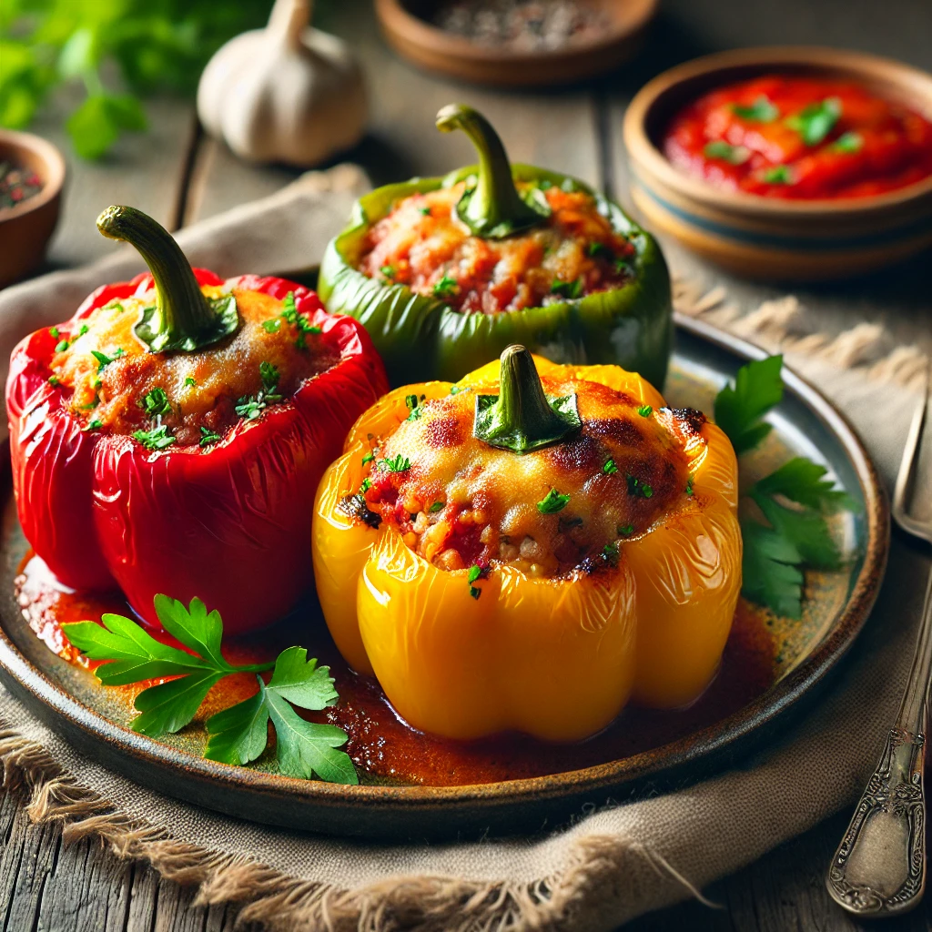 Peppers stuffed close up in red, yellow, and green, filled with a savory mixture and topped with melted cheese and fresh parsley. The peppers are served on a rustic plate, garnished with parsley leaves for an inviting and appetizing presentation.